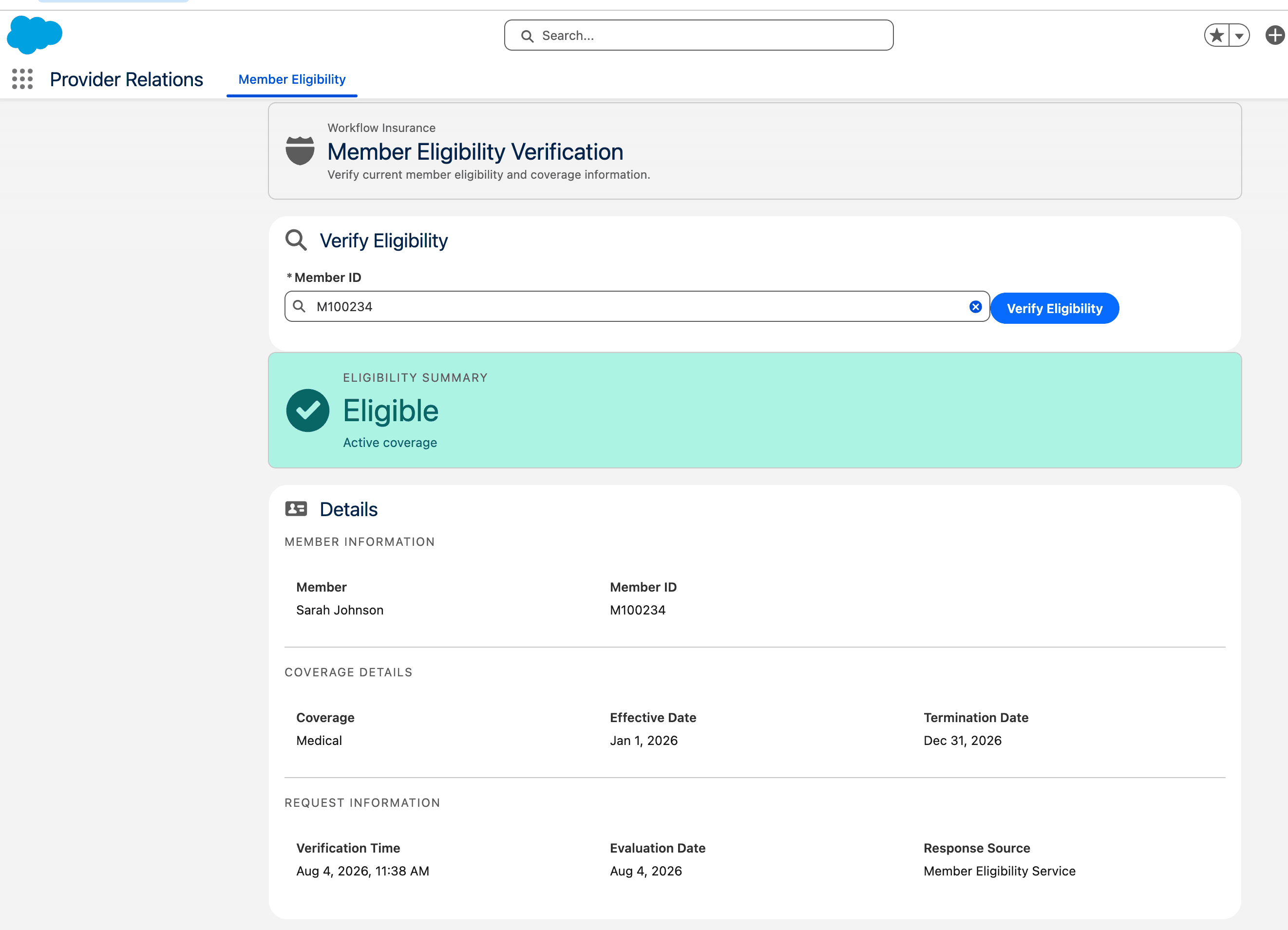 Salesforce Provider Relations application showing an Eligible result for synthetic member Sarah Johnson, Member ID M100234.
