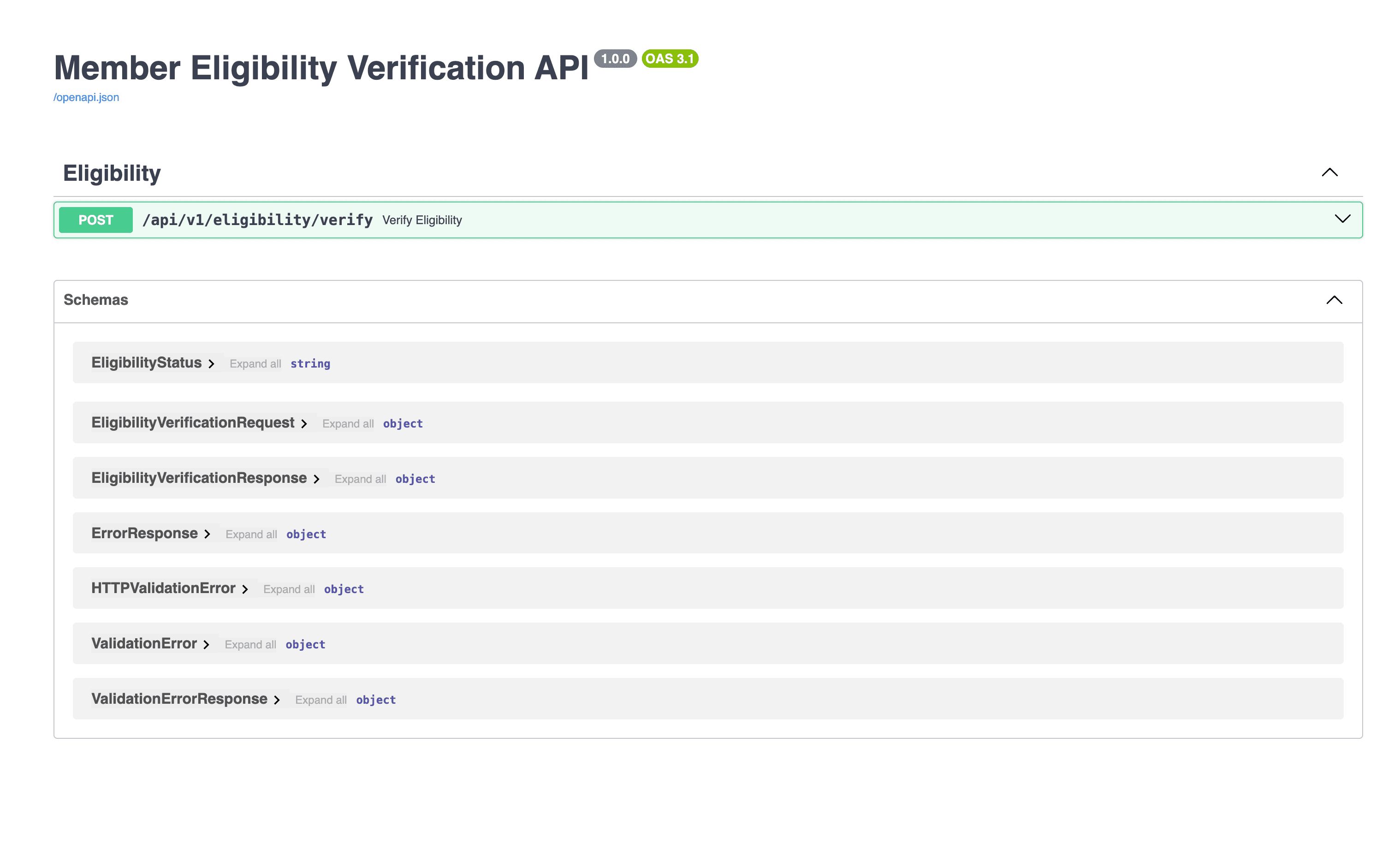 Swagger interface for the Member Eligibility Verification API showing the POST eligibility verification operation and published schemas.