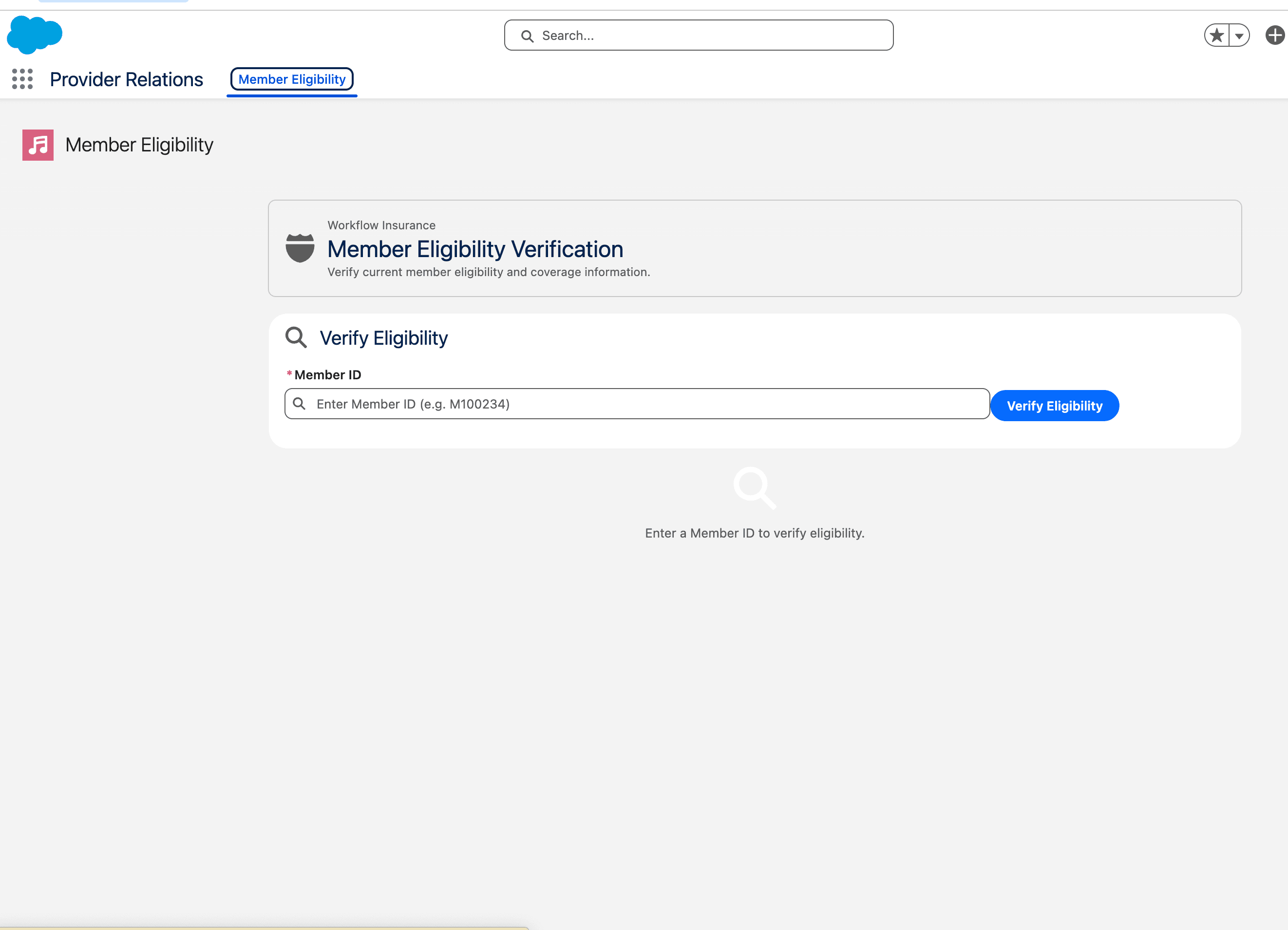 Salesforce Provider Relations application showing the empty Member Eligibility Verification form before a Member ID is submitted.